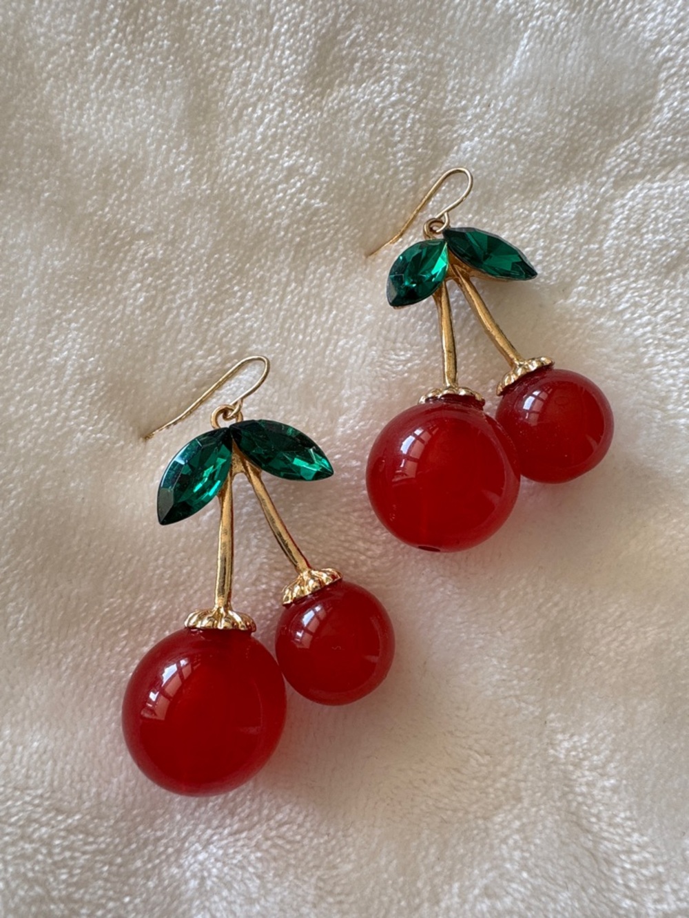 Gold-Tone Red Cherry Drop Earrings with Green Crystal Leaves